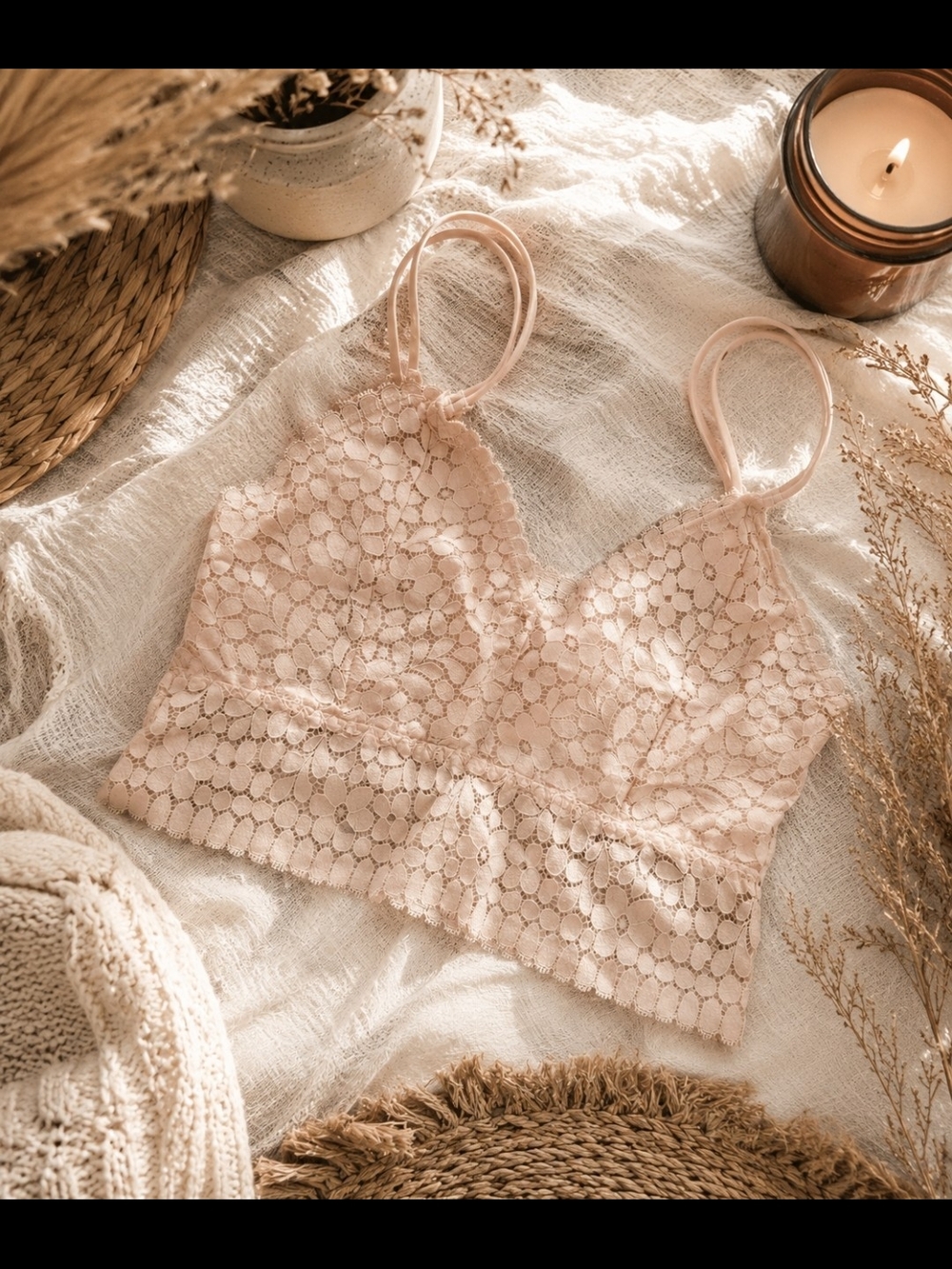 Lace Blush Pink / Peach Strappy Bralette, Feminine, Boho, Cozy